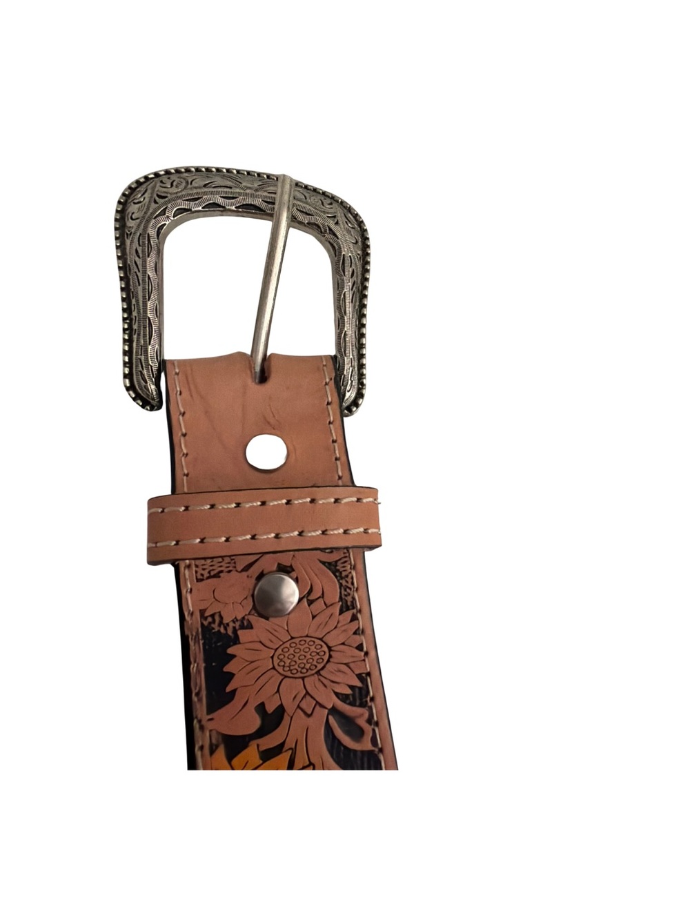 Tan Floral Tooled Leather Belt with Decorative Silver Buckle